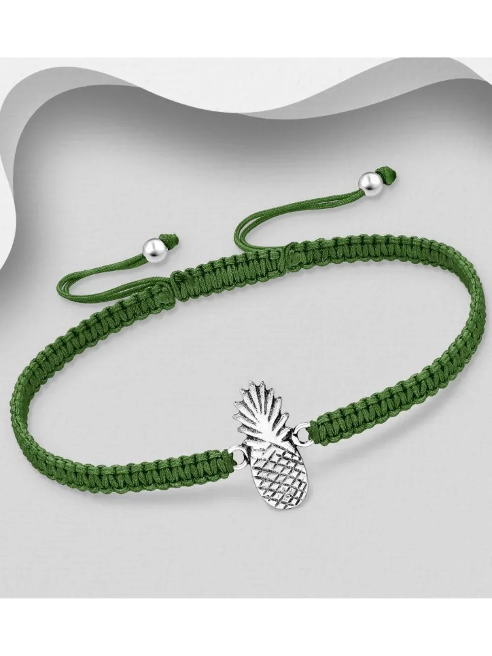 925 Sterling Silver Oxidized Pineapple with Adjustable Thread Bracelet